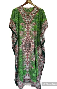 Vintage Kaftan Boho Maxikleid One Size grün geblümt V-Ausschnitt - Bild 1 von 7