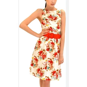 Alice + Olivia 100% Silk Floral Fit & Flare Dress Sz 2 Red Blossoms Keyhole Back - Picture 1 of 9