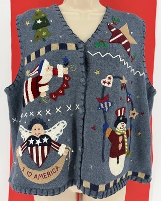 VTG Segue Christmas Sweater Vest Wn XL Holiday Knit USA Patriotic Flag PartyUgly - Image 1 of 4