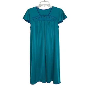 Abito da notte vintage anni 70 Shadowline nylon Peignoir pavone turchese taglia S - Foto 1 di 6