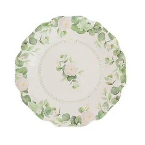 25 White Green Floral Greenery Dessert Paper Plates with Scalloped Edge - Picture 1 of 9