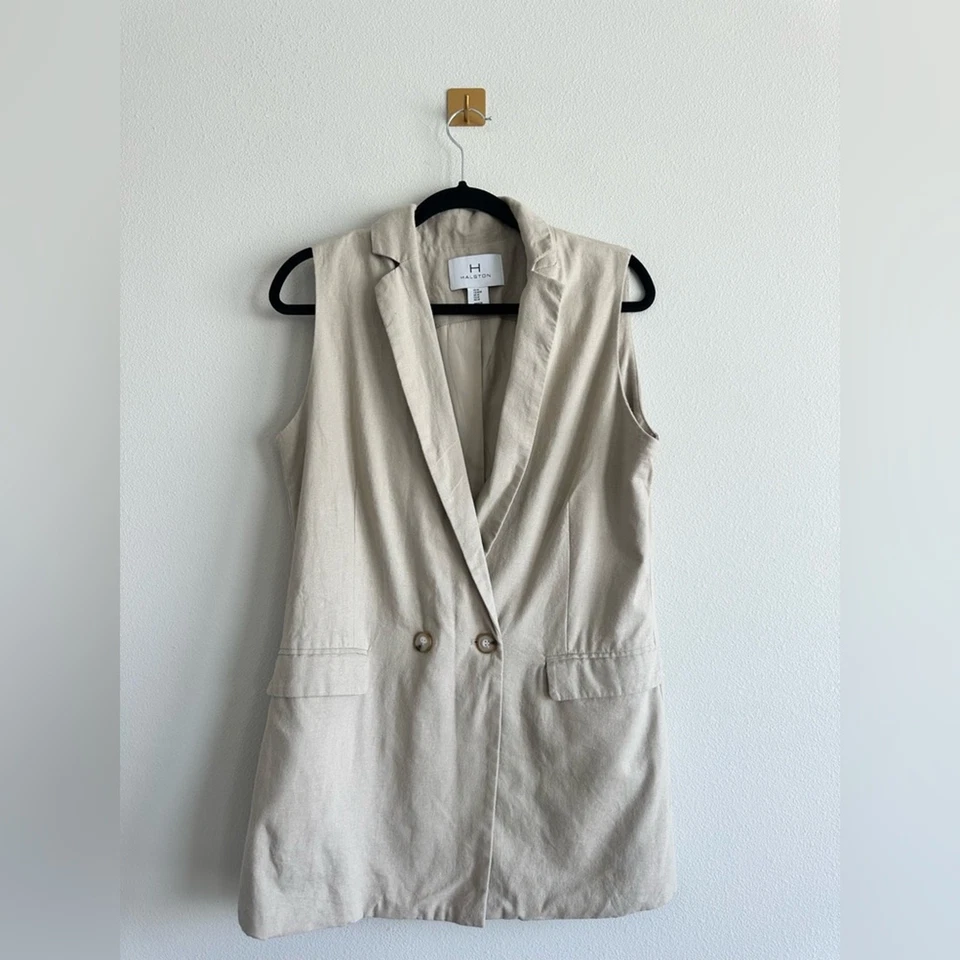 Chaleco Blazer HALSTON Mezcla de Lino Línea Larga Sin Mangas - Talla M Minimalismo Años 90 Foto 1 de 4