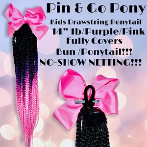 14” BRAIDED DRAWSTRING PONYTAIL FOR KIDS - 1b/Ombré Purple-Pink  w/ Pink Bow - Picture 1 of 5