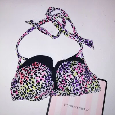 Top de bikini de natación Victoria Secret 34B arco iris leopardo con volantes precioso push up Foto 1 de 4