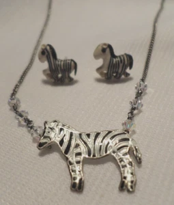Metal Zebra Pendant 925 Sterling Silver Crystal Necklace and Pierced Earrings - Picture 1 of 7
