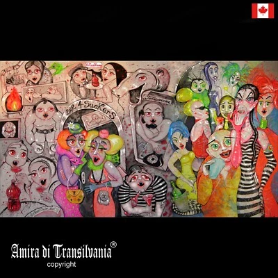 painting art contemporary artist cartoon portrait people woman vampire drink bar - Image 1 of 4