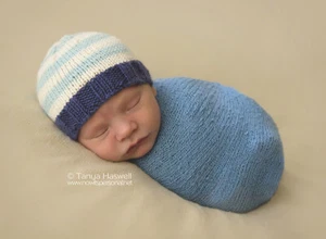 Hand Knitted Baby Hat Beanie Prop Cashmerino Boy Nautical Blue Early Newborn-12M - Picture 1 of 11