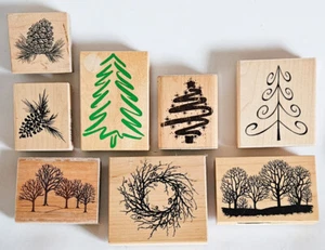 Lote de 8 estampillas de goma conos de pino corona de árboles para tarjetas navideñas hechas en casa, etc. - Imagen 1 de 2