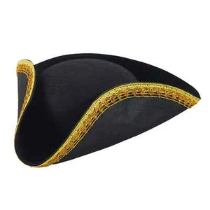 Black Tricorn Hat with Gold Trim Adult Pirate Colonial Costume Accessory - Picture 1 of 5