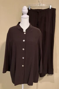 Kate Hill Brown Crepe Silk 2 Piece Set Top Blouse Pants Suit Mandarin Large L - Picture 1 of 6