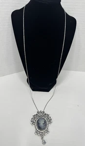 Ornate Faux Cameo Pendant Brooch Silvertone Chain Necklace Colorless Rhinestones - Picture 1 of 4