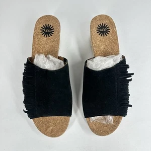 UGG Women’s Danes Sandals Size 9 US Black Suede Espadrille Wedge Fringe Cork - Picture 1 of 10