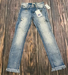 Indigo Rein Womens Jeans Size 3 Ankle Skinny Dark Wash Distressed Blue Low Rise - Picture 1 of 8