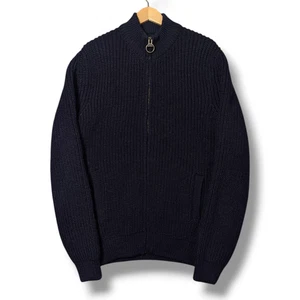 Barbour Cardigan Mens Medium Navy Pure Wool Full Zip Jacket Tyne Knit Sweater - Picture 1 of 18