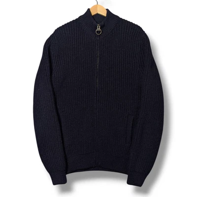 Barbour Cardigan Mens Medium Navy Pure Wool Full Zip Jacket Tyne Knit Sweater - Image 1 of 4