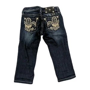 MISS ME Denim Girls Rhinestone Bling Fleur Low Rise Cuffed Capri Blue Jeans 10 - Picture 1 of 11