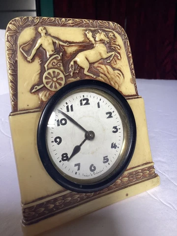 Vintage German clock celluloid bakelite Horse & Chariot L. S. Mayer READ Cover