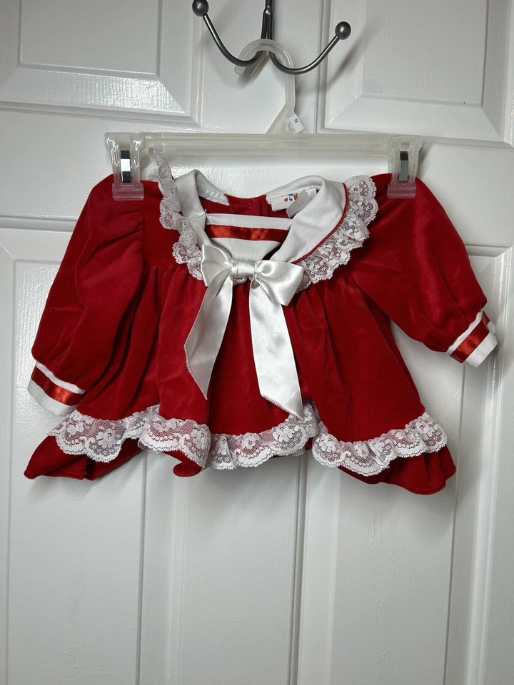 Vtg 90s Red Velvet Girls 12 Mos Dress Broadway Kids Floral Lace Trim Christmas - Image 1 of 4