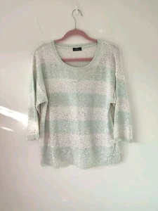 F&F Womens White Green Sequin Casual Jumper Pullover Size 14 Winter Knit Striped - Picture 1 of 9