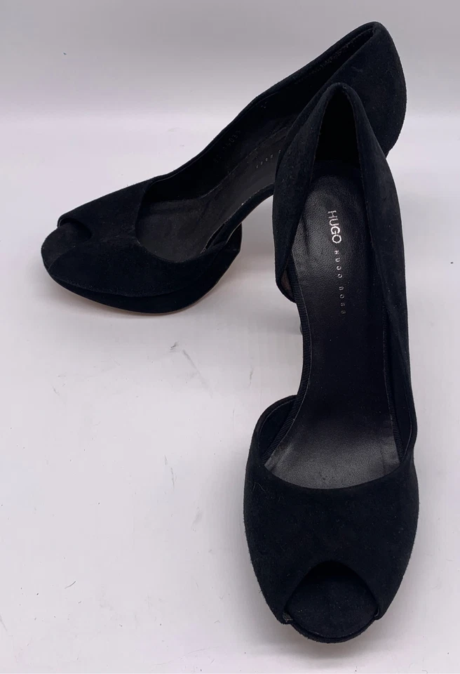 Hugo Hugo Boss Mujer Negro Gamuza Punta abierta Mini Plataforma D'Orsay Bombas talla 37 EE. UU. 7 Foto 1 de 4