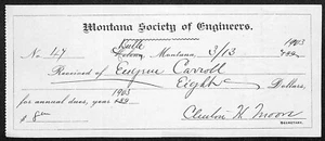 Helena / Butte Montana 1903 "Society of Engineers" / Eugene Carroll Receipt - Picture 1 of 2
