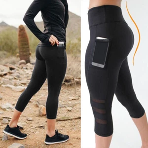 Women Summer Yoga Leggings Stretch GYM Pants Mesh Fitness Trousers With Pocket - Picture 1 of 14