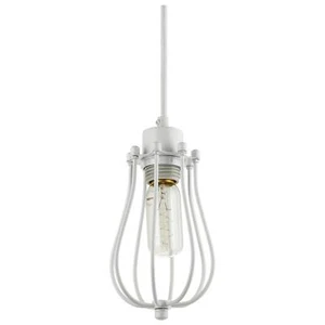Industrial Cage Pendant Light, Vintage Hanging Cage, White w/ 71" Woven Cord E26 - Picture 1 of 4