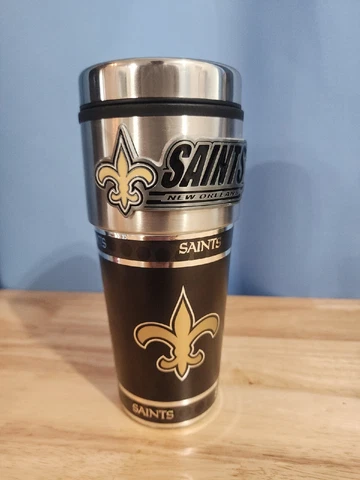 NEW ORLEANS SAINTS 16 OZ STAINLESS STEEL COFFEE TRAVEL MUG WITH METAL EMBLEM Cover