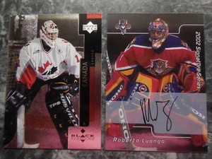 3 roberto luongo cards 2002 in the game signed/1998 upper deck black diemond