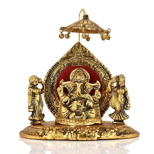 Metal Lord Ganesha Riddhi Siddhi Chhatra Statue Hindu God Ganesh Ganpati Sitting - Picture 1 of 4