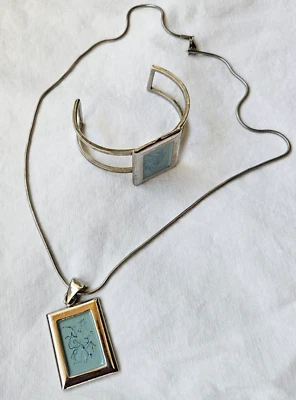 Schmuckset Kette, Anhänger  und Armreif silber türkis Kunststeine fast neu - Bild 1 von 4