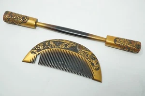 Japanese Hairpin & Comb Set made of Wood with fine Paint Work & Signed 0413F3 - Picture 1 of 10