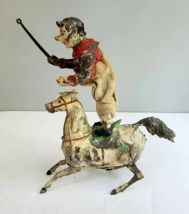 Deutsches bemaltes Blech Aufzieh Pferd und Clown Reiter Spielzeug ~ um 1910 wohl Avery - Bild 1 von 7