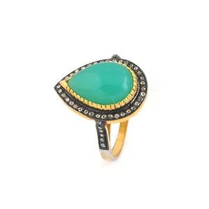 Anillo de piedras preciosas de crisoprasa 925 plata 14K oro diamante pavé joy... - Imagen 1 de 6