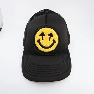 Happy Caps Hat Cap Snap Back Black Yellow Smiley Face Trucker Mesh Patch Mens - Picture 1 of 14