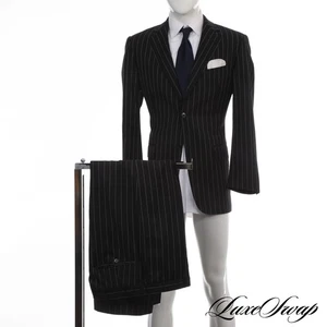 Joseph Abboud Made in USA S120s Wool Black Banker Striped 2B 2V FF Suit 40 R NR - Picture 1 of 9