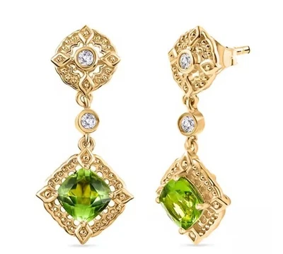 Silver Earrings Peridot Zircon Genuine Natural Gems Solid Sterling Gold Plated - Image 1 of 4
