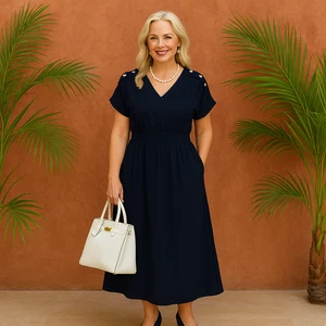 Maxi Vestido ROCKTHOSECURVES PARA MUJER Cuello en V Cintura Elástica Bolsillo - Imagen 1 de 16