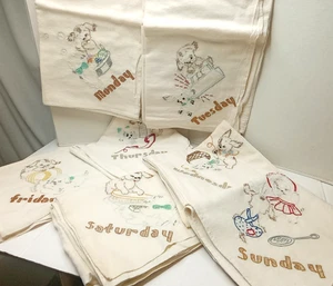 Vintage Tablecloth Set-7 Days of the Week Embroidered Puppy Kitsch Square 35x36 - Picture 1 of 15