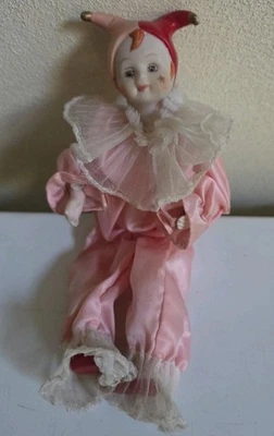 Vintage Porcelain Jester Clown Doll 8" Pink - Image 1 of 2