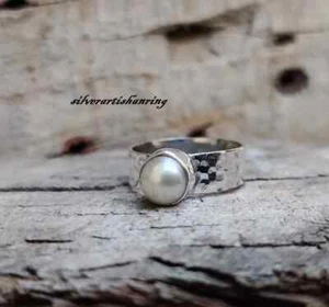 Pearl Gemstone 925 Sterling Silver Hammered Unique Thumb Boho Gift Ring - Picture 1 of 4