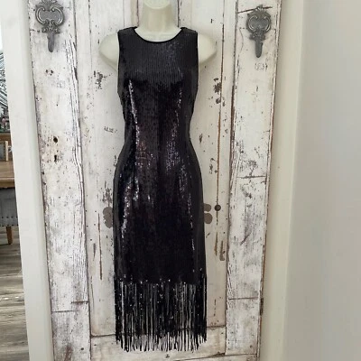 Vestido formal de noche cóctel con flecos y aletas de lentejuelas negras talla 6 de Tahari para mujer Foto 1 de 4