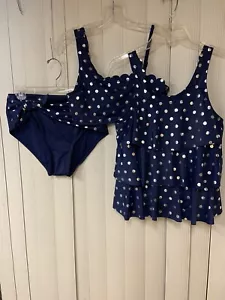 3-teiliger Badeanzug, Tank-Stil und Neckholder BH-Top, Größe 12, blau gepunktet, Rüschen - Bild 1 von 8