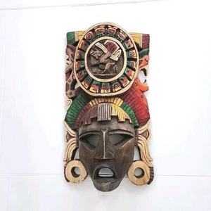 Vtg Tribal Aztec Mayan 16"x9" Carved Wooden Mask Wall Hanging Hand Sculpted Art - Picture 1 of 15
