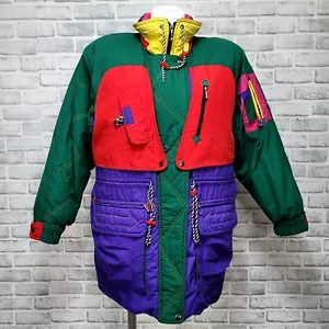 Vintage 80s J. Gallery Colorblock Down Puffer Ski Jacket L Made in Korea Retro - Picture 1 of 12
