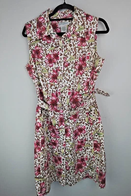 White Stag Button Front Sleeveless Leopard Floral Shirt Dress Ladies 14 Belted - Image 1 of 4