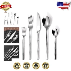 Luxury 20-Piece Bamboo Handle Flatware Set - Perfect for Weddings & Housewarming - Picture 1 of 10