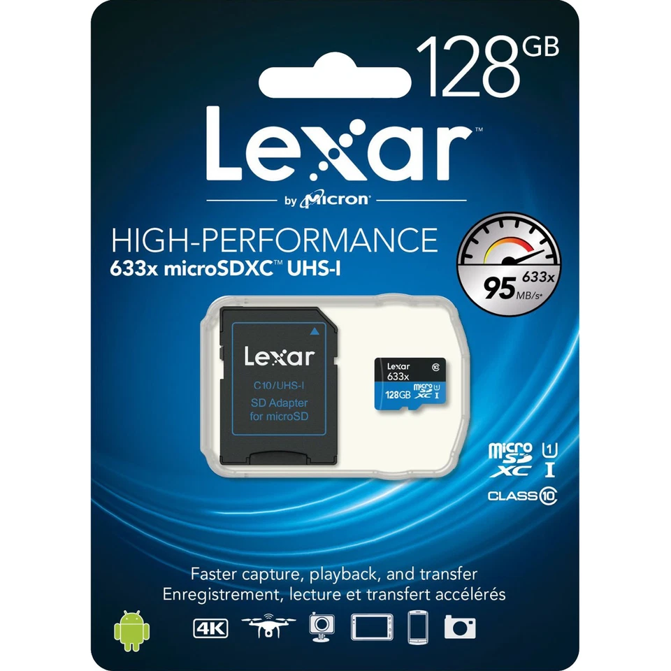 Lexar 128GB 128G 633x 95MB/s Micro SDXC MicroSD Class10 UHS-I + SD Adapter GoPro - Image 1 of 1