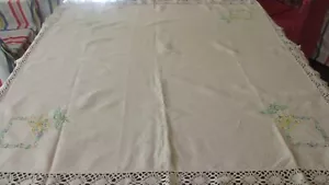 Vintage hand Embroidered Flowers Linen Tablecloth 120 cms x 119cms lace edge - Picture 1 of 11