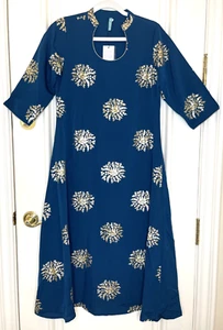 NWT Janasya Womens Tunic Crepe Kurti Set Turquoise Medium Kurta Pants Gold Print - Picture 1 of 18
